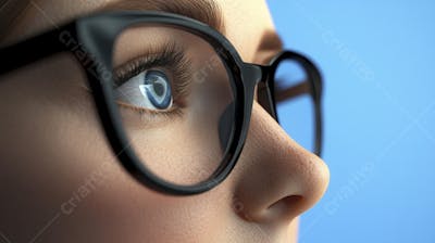 Mulher com Olhar Intenso e Detalhado Através das Lentes de um Óculos em Fundo Azul