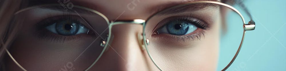 Mulher com Olhar Intenso e Detalhado Através das Lentes de um Óculos em Fundo Azul