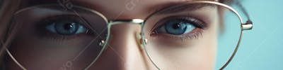 Mulher com Olhar Intenso e Detalhado Através das Lentes de um Óculos em Fundo Azul