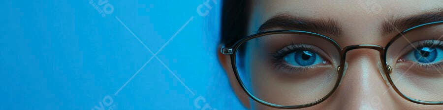 Olhos azuis com óculos fundo azul
