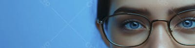 Mulher com Olhar Intenso e Detalhado Através das Lentes de um Óculos em Fundo Azul