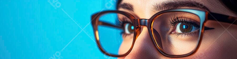 Olhos femininos com óculos fundo azul