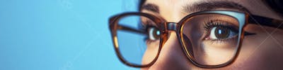 Mulher com Olhar Intenso e Detalhado Através das Lentes de um Óculos em Fundo Azul