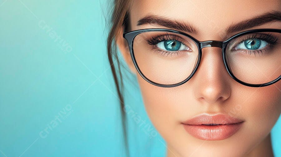 Mulher com óculos de aro preto fundo azul
