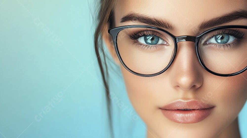 Mulher com Olhar Intenso e Detalhado Através das Lentes de um Óculos em Fundo Azul