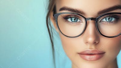 Mulher com Olhar Intenso e Detalhado Através das Lentes de um Óculos em Fundo Azul