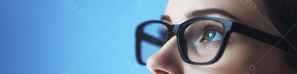 Mulher com Olhar Intenso e Detalhado Através das Lentes de um Óculos em Fundo Azul