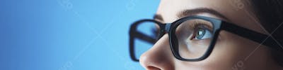 Mulher com Olhar Intenso e Detalhado Através das Lentes de um Óculos em Fundo Azul