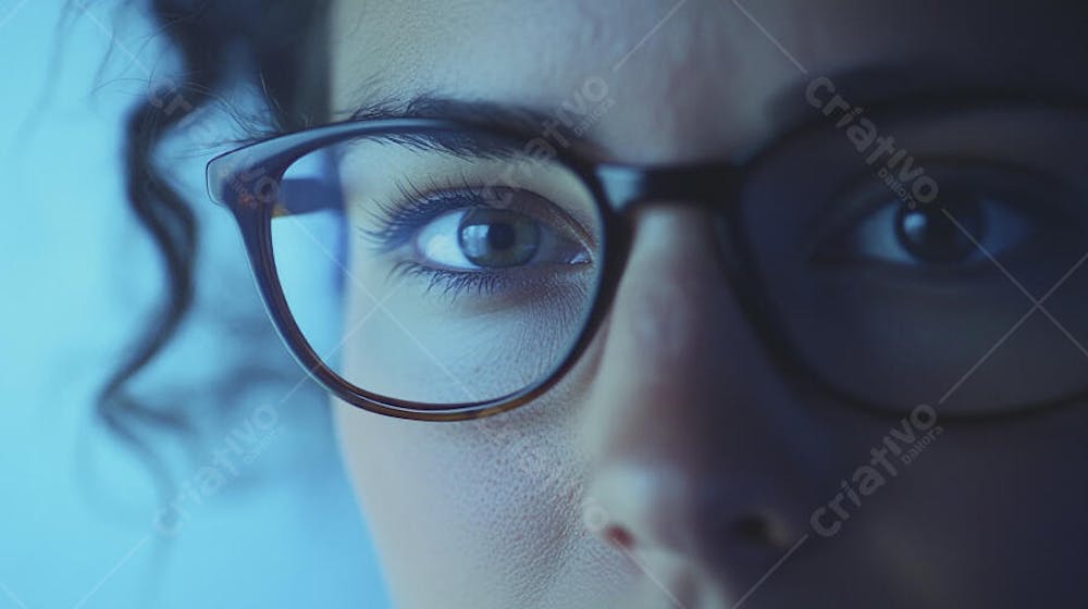 Mulher com Olhar Intenso e Detalhado Através das Lentes de um Óculos em Fundo Azul