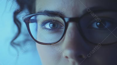 Mulher com Olhar Intenso e Detalhado Através das Lentes de um Óculos em Fundo Azul