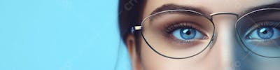 Mulher com Olhar Intenso e Detalhado Através das Lentes de um Óculos em Fundo Azul