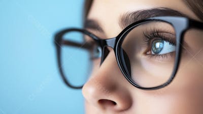 Mulher com Olhar Intenso e Detalhado Através das Lentes de um Óculos em Fundo Azul