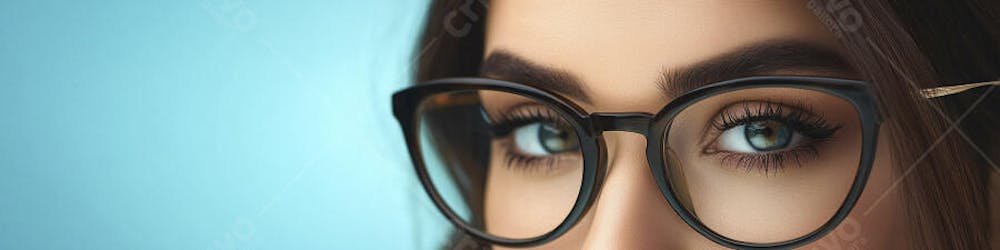 Mulher com Olhar Intenso e Detalhado Através das Lentes de um Óculos em Fundo Azul