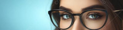 Mulher com Olhar Intenso e Detalhado Através das Lentes de um Óculos em Fundo Azul