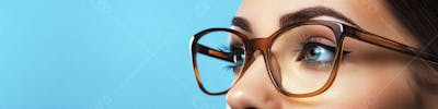 Mulher com Olhar Intenso e Detalhado Através das Lentes de um Óculos em Fundo Azul