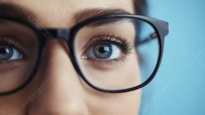 Mulher com Olhar Intenso e Detalhado Através das Lentes de um Óculos em Fundo Azul