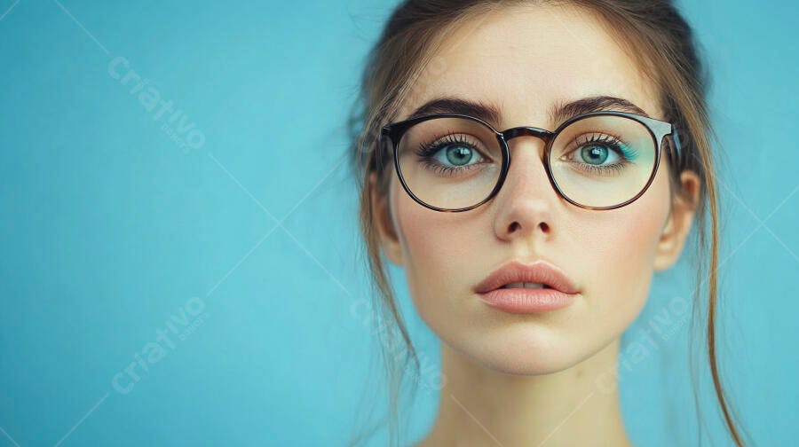 Mulher com óculos fundo azul