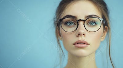 Mulher com Olhar Intenso e Detalhado Através das Lentes de um Óculos em Fundo Azul