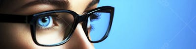 Mulher com Olhar Intenso e Detalhado Através das Lentes de um Óculos em Fundo Azul