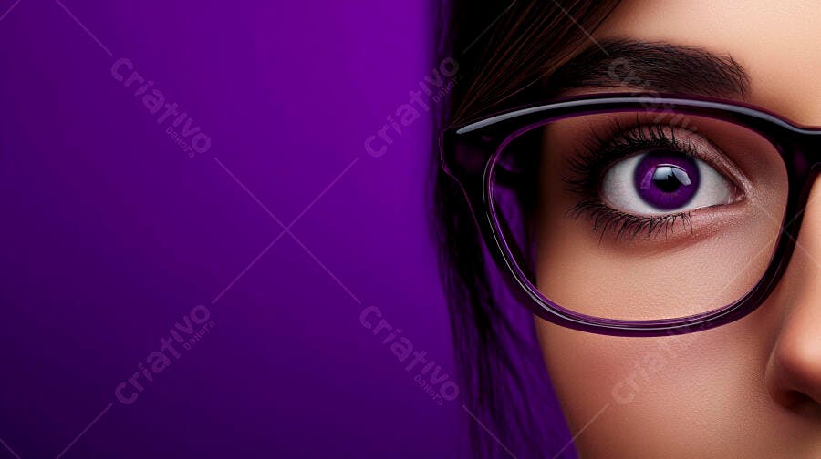Olho feminino com óculos roxos fundo roxo