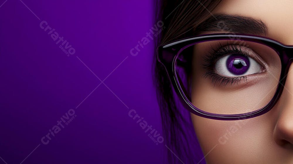 Close-up do Rosto de uma Mulher de Óculos com Fundo Roxo e Copy Space