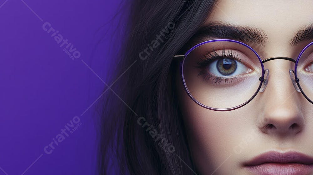 Close-up do Rosto de uma Mulher de Óculos com Fundo Roxo e Copy Space