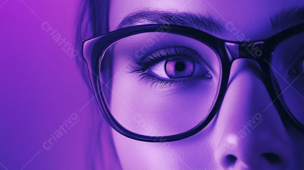 Close-up do Rosto de uma Mulher de Óculos com Fundo Roxo e Copy Space