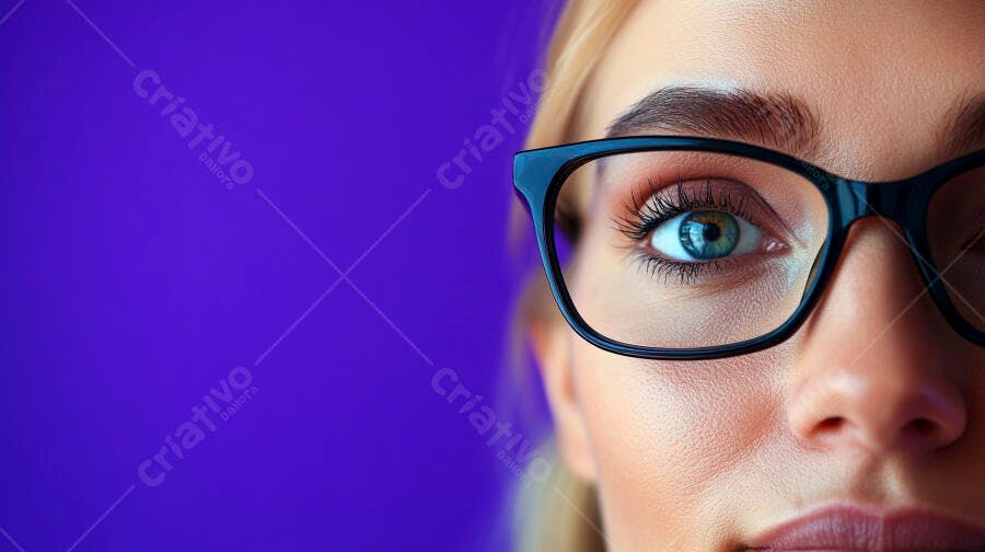 Olho feminino com óculos fundo roxo
