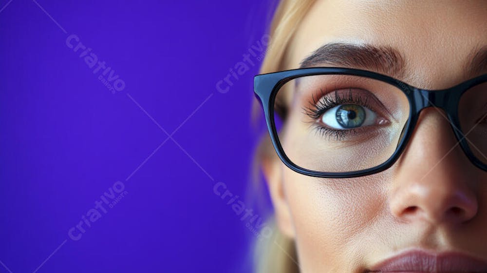 Close-up do Rosto de uma Mulher de Óculos com Fundo Roxo e Copy Space
