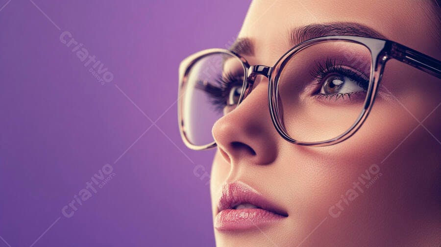 Mulher com óculos olhando para cima fundo roxo
