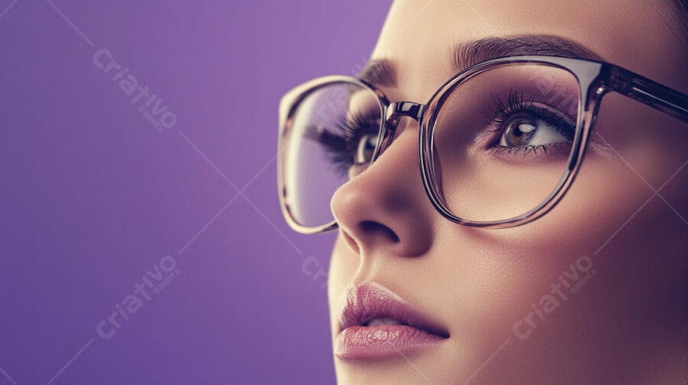 Close-up do Rosto de uma Mulher de Óculos com Fundo Roxo e Copy Space