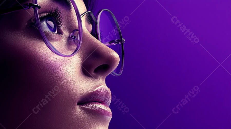 Rosto feminino com óculos roxos fundo roxo