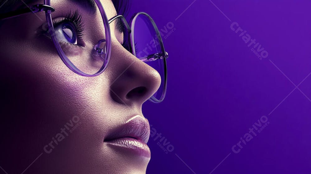 Close-up do Rosto de uma Mulher de Óculos com Fundo Roxo e Copy Space