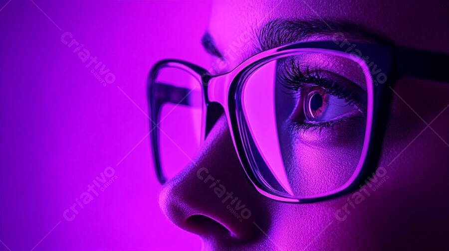 Olho feminino com óculos fundo roxo