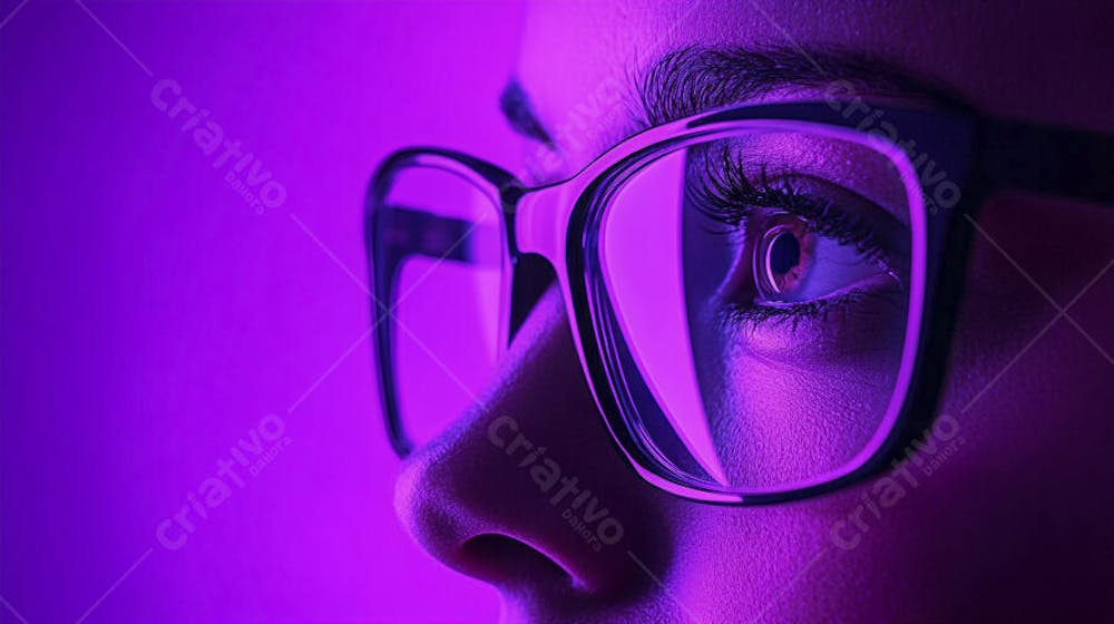 Close-up do Rosto de uma Mulher de Óculos com Fundo Roxo e Copy Space