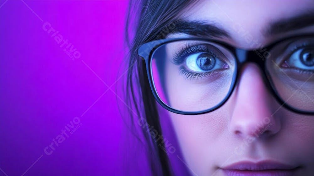 Close-up do Rosto de uma Mulher de Óculos com Fundo Roxo e Copy Space
