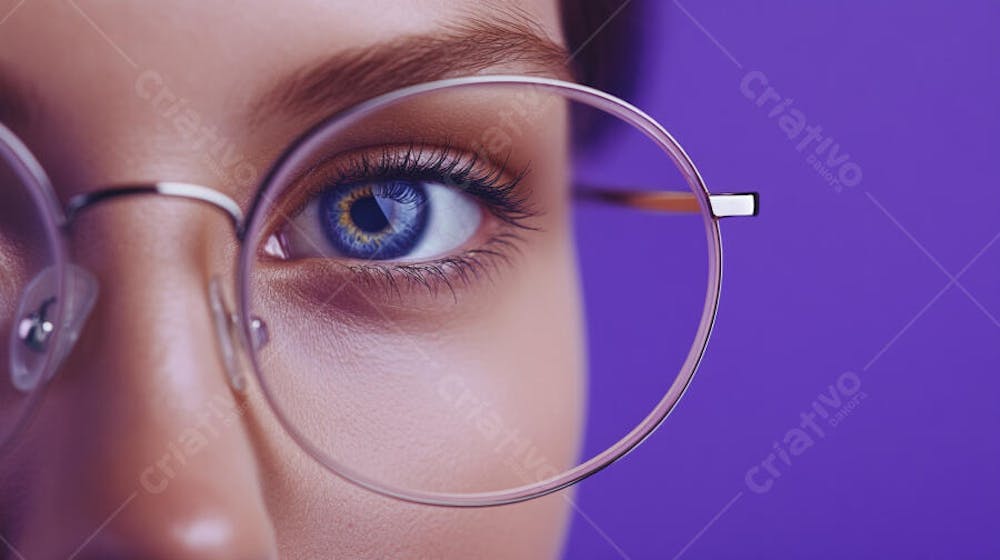 Close-up do Rosto de uma Mulher de Óculos com Fundo Roxo e Copy Space