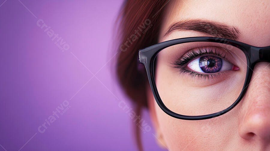 Olho feminino com óculos fundo roxo