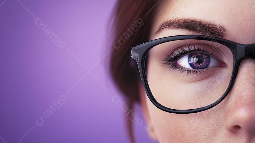 Close-up do Rosto de uma Mulher de Óculos com Fundo Roxo e Copy Space