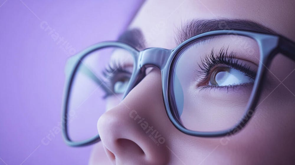 Close-up do Rosto de uma Mulher de Óculos com Fundo Roxo e Copy Space