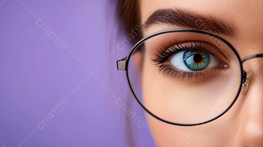 Olho feminino com óculos fundo roxo