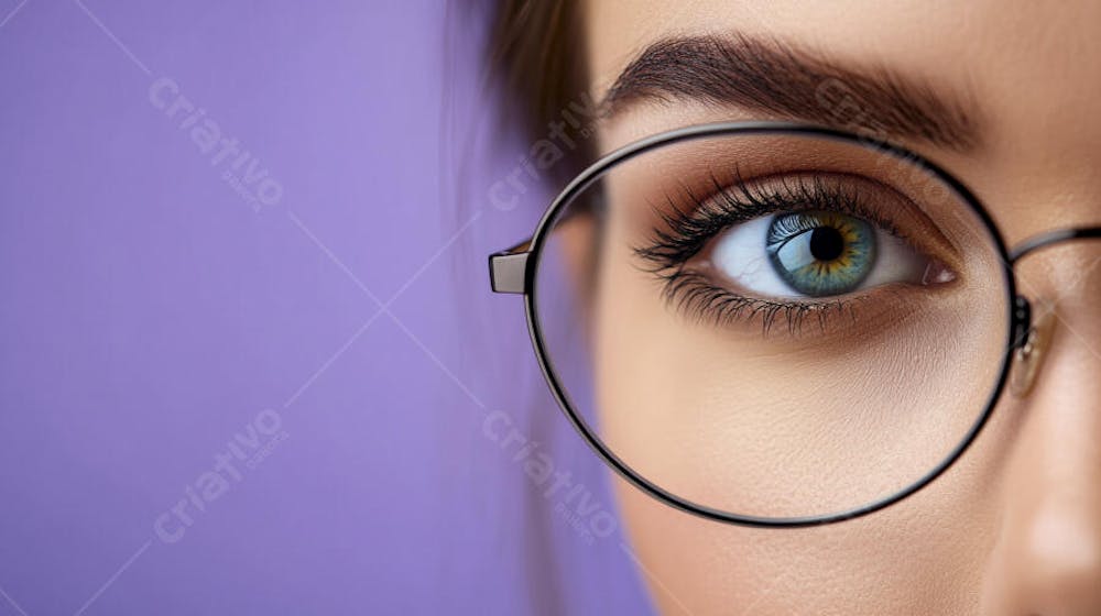 Close-up do Rosto de uma Mulher de Óculos com Fundo Roxo e Copy Space