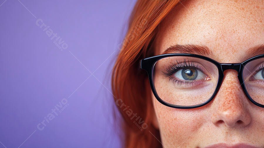 Mulher ruiva com óculos fundo roxo