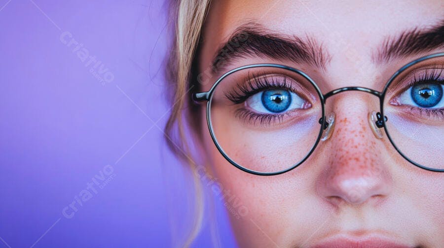 Olhos azuis fundo roxo óculos redondos