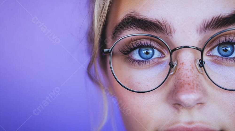 Close-up do Rosto de uma Mulher de Óculos com Fundo Roxo e Copy Space