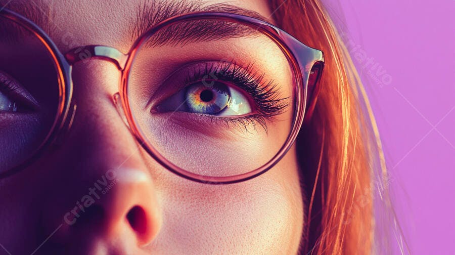 Olhos azuis com óculos redondos fundo roxo