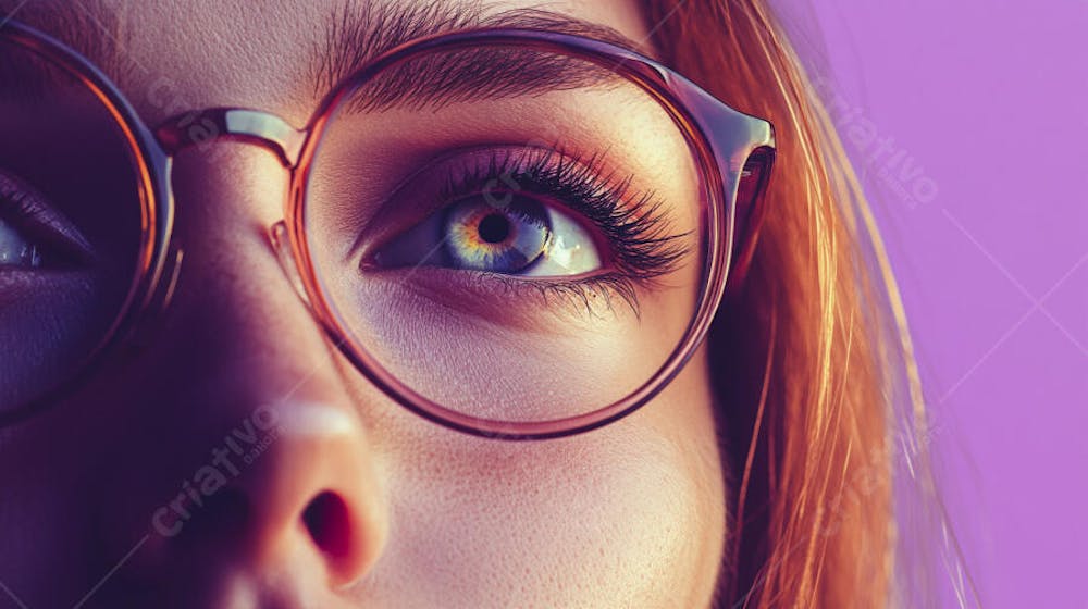 Close-up do Rosto de uma Mulher de Óculos com Fundo Roxo e Copy Space