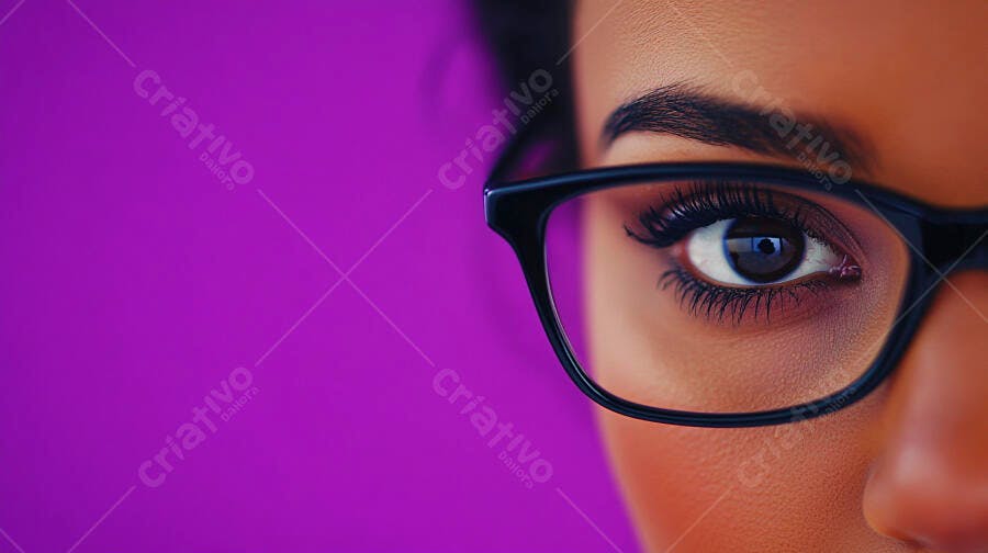 Olho feminino com óculos fundo roxo