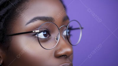 Close-up do Rosto de uma Mulher de Óculos com Fundo Roxo e Copy Space