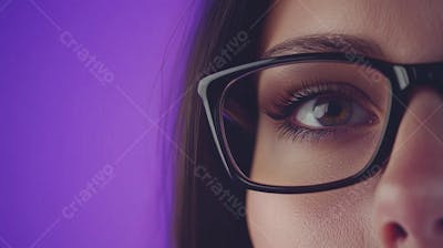 Close-up do Rosto de uma Mulher de Óculos com Fundo Roxo e Copy Space